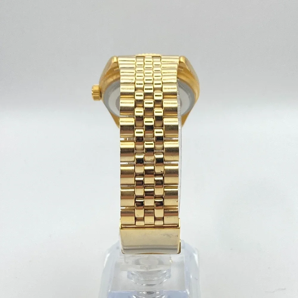 Geneva Men's Dress Watch 35mm Gold Tone Black Dial Date Bubble New Battery 7.75